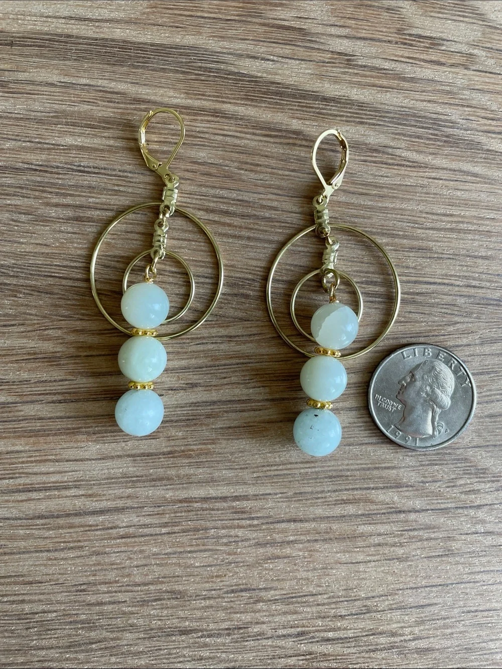 HAND CRAFTED AMAZONITE NATURAL STONE GOLD DOUBLE HOOP EARRINGS Dangle Boho Chic